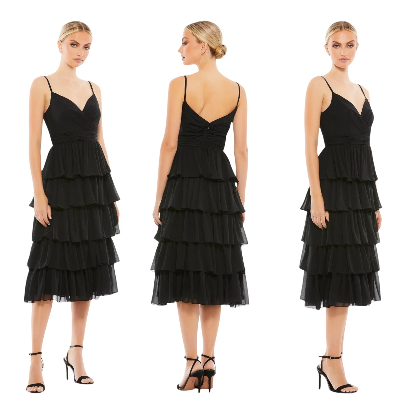 Mac Duggal Nwt Black Ruffle Layered V-Neck Chiffon Midi Dress Size 2 Sleeveless